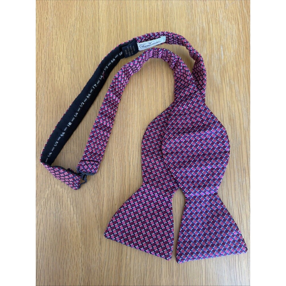 Faconnable Bow Tie Men Adjustable Self Tie 100% Silk Pink Blue Micro Geometric